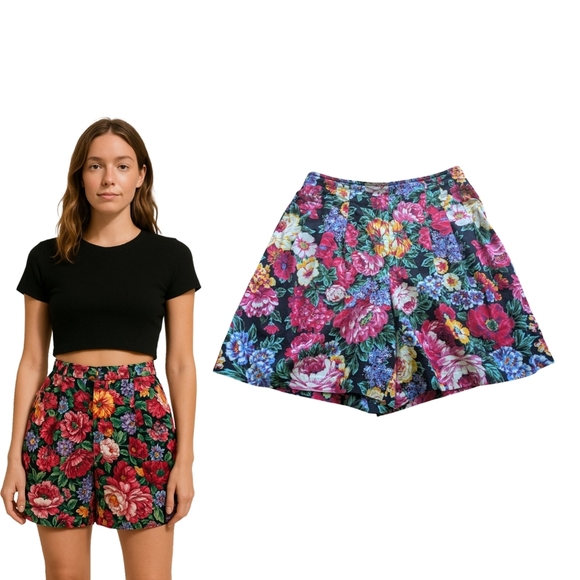 Vintage Pants - 🍁Vintage High-Waisted Floral Shorts | Bold Colorful Garden Print Size M/L